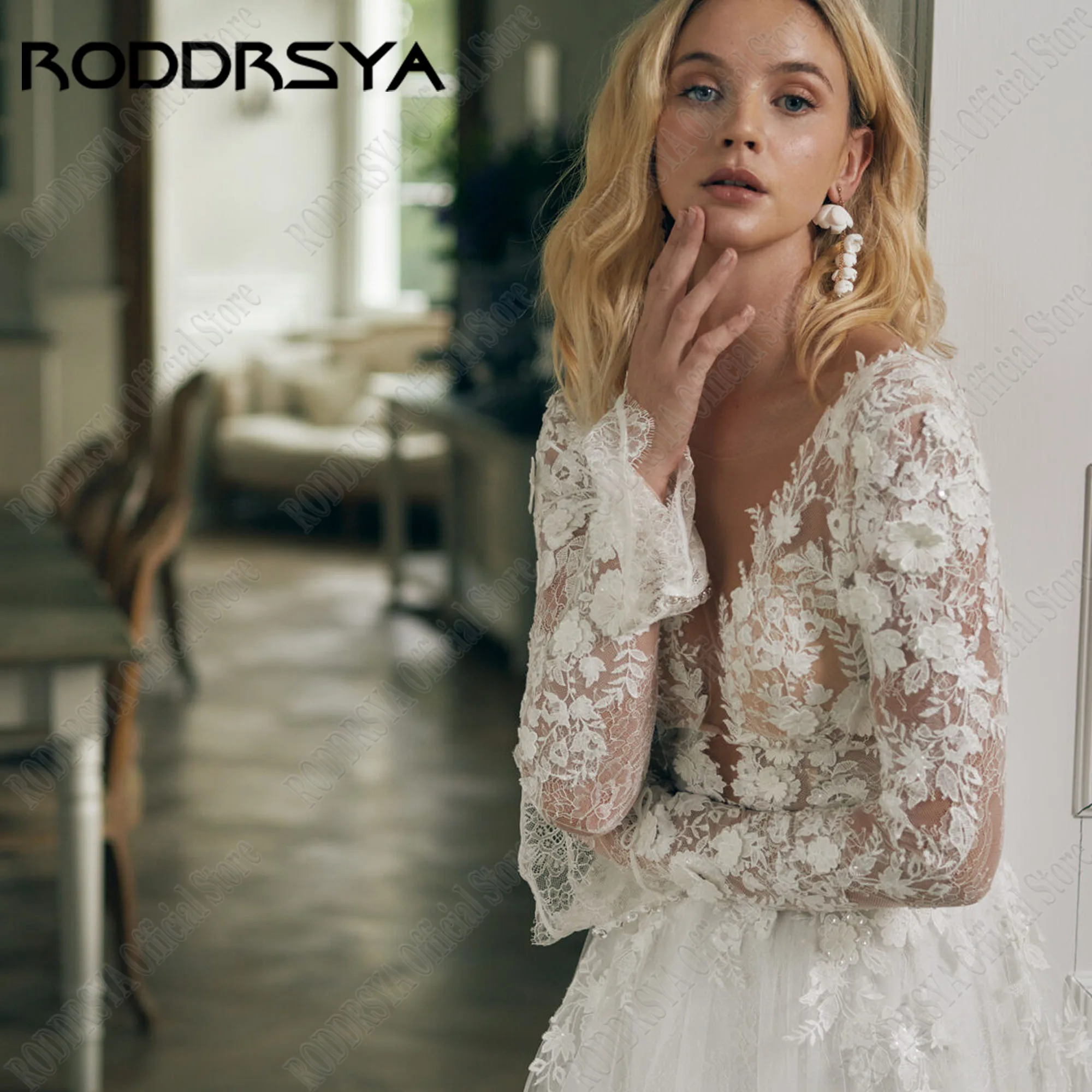 RODDRSYA Backless Lace Wedding Dress Women Long Sleeves Civil Bride Gowns See Through Robe De Mariée Floor Length CustomizedRODDRSYA Bez Backless Koronkowa Suknia Ślubna Kobiety Długie Rękawy Cywilne Suknie Panny Młode