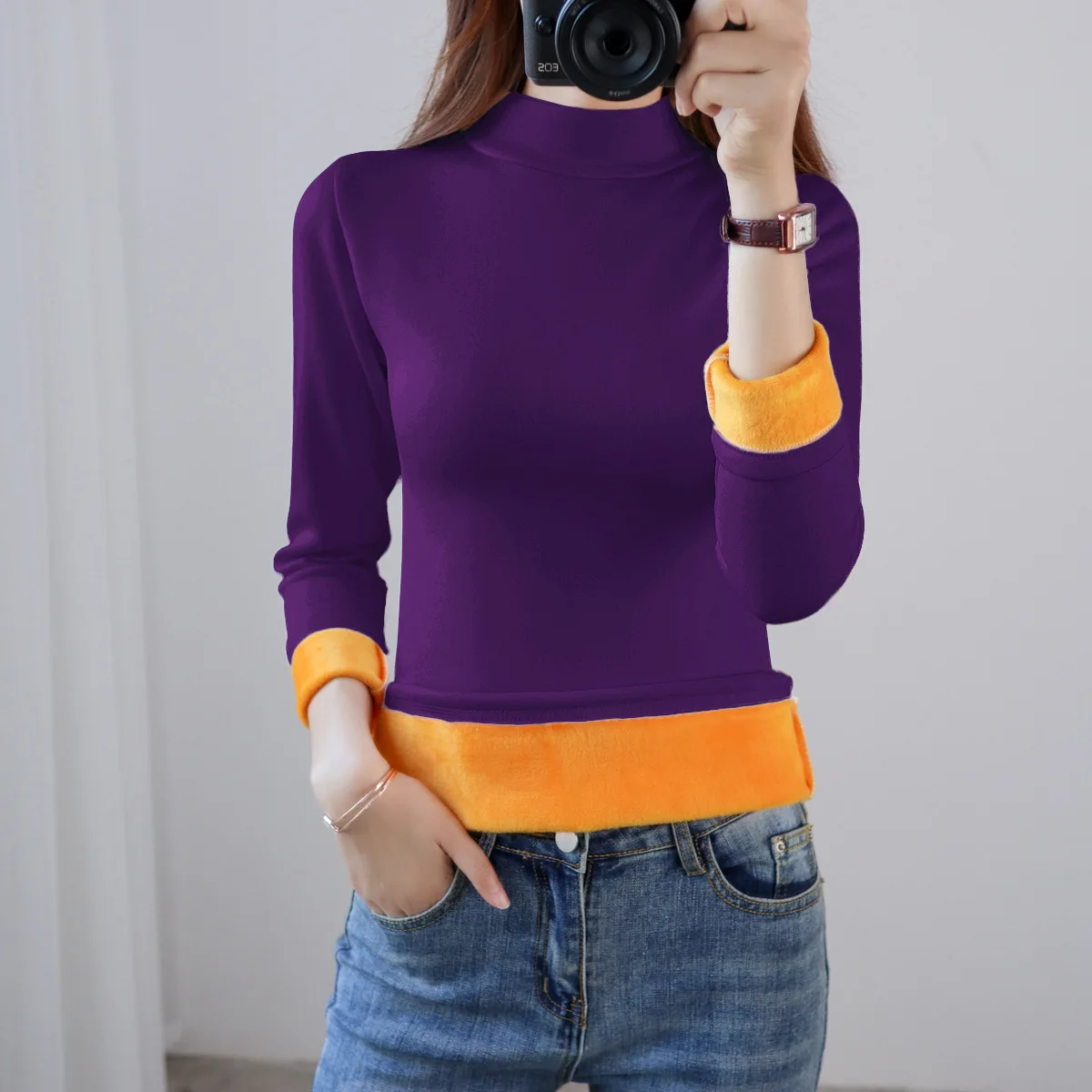 2022 Winter Thermal Underwear Women\'s Thick Velvet One-Piece Tops Wear Female Wool Fleece Mid-High Collar Warm Bottoming Shirt