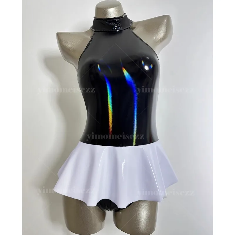 Personalizado pendurado pescoço macacão palco desempenho vestido sexy sem costas outfit plissado borda mini saia espelho material brilhante