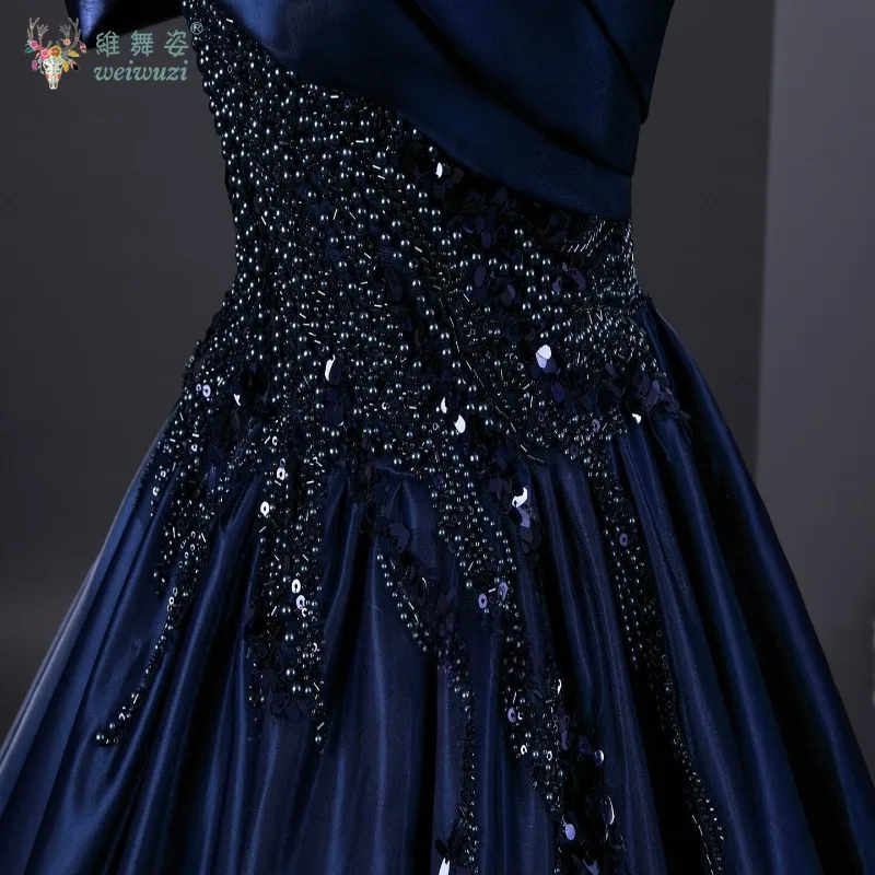 Exquisite marineblaue Pailletten-Applikationen für den Abend, Abschlussball, Prinzessin, Geburtstag, bauschig, A-Linie, Satin-Ball, Bühnenperformance-Kostüm im Vintage-Stil