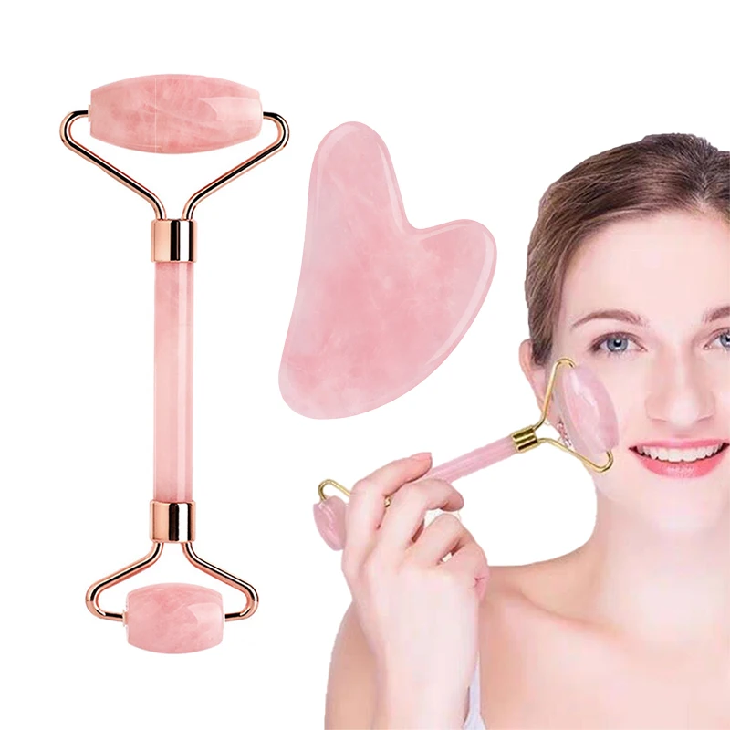 ชุดเครื่องนวดหน้ากัวซาหยกโรสควอตซ์ธรรมชาติ สำหรับดูแลผิวหน้า ยกกระชับผิวหน้า