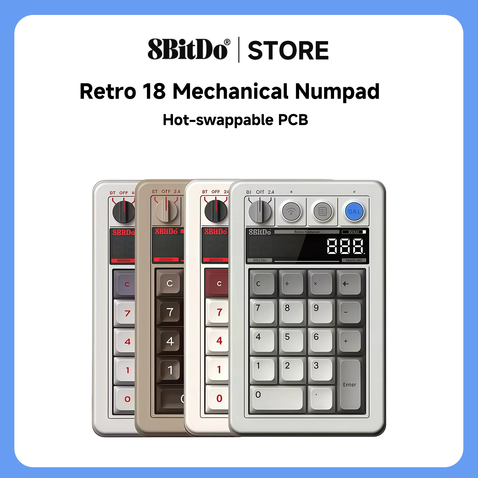 Teclado Numérico Mecánico Retro 18 de 8BitDo, Modo Calculadora, Tri-Modo, Bluetooth, 2.4G, USB, Cableado, Intercambiable en Caliente, Kailh PBT, LED, para Windows