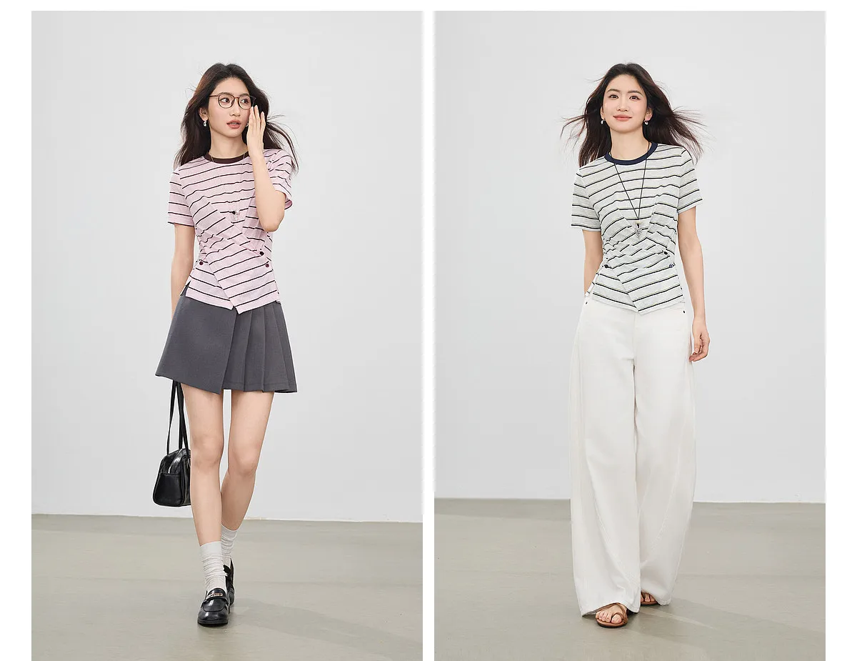 SENTUBILA Damen-Strickoberteil mit Rundhalsausschnitt und Kontraststreifen, Sommermode 2026, kurzärmeliges T-Shirt mit Twist-Front-Schlitz und Knöpfen Q62TC7208 – Detail 9