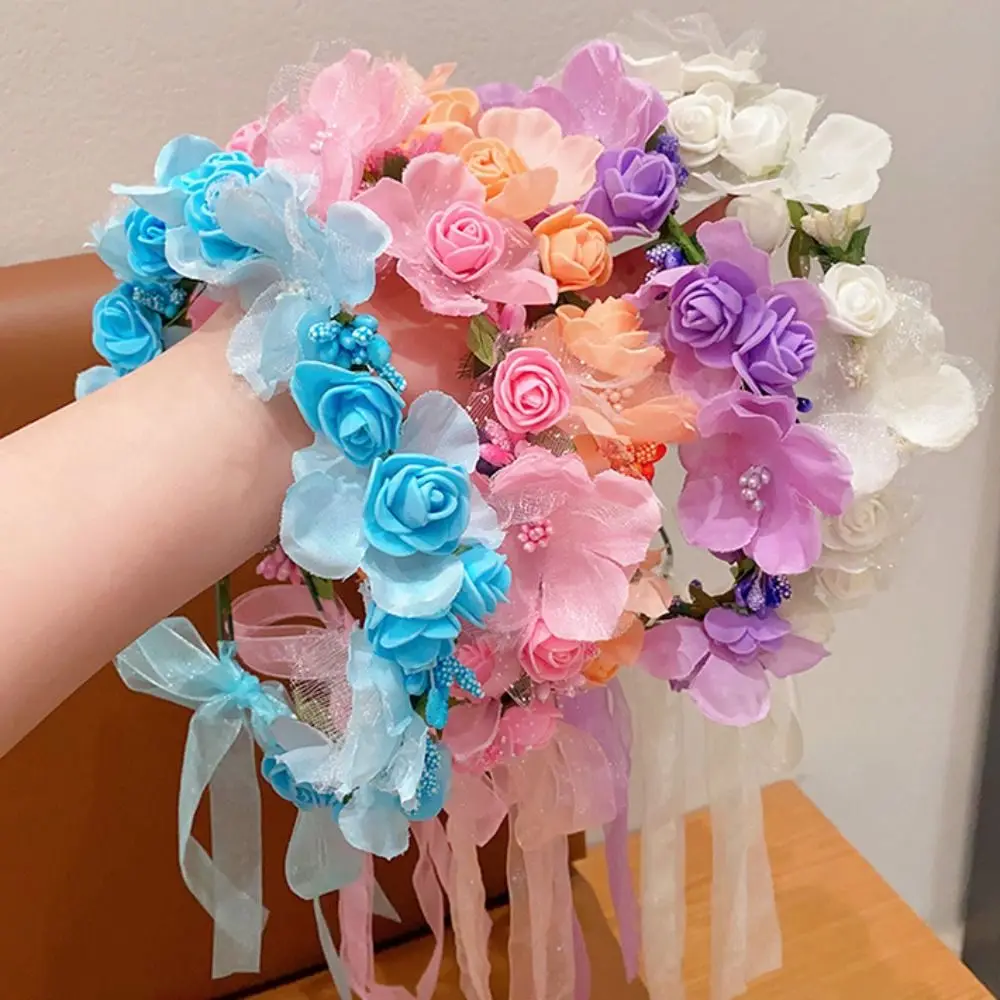 Colorful Floral Garland Fairy Simulation Flower Mesh Children Flower Headband Hair Ornaments Hair Hoop Bridal Crown Headress