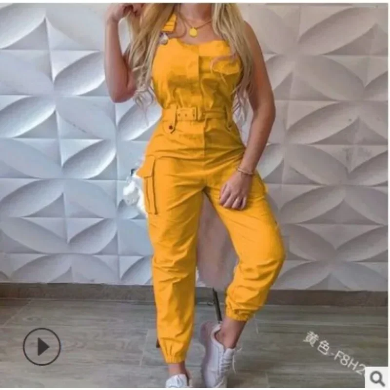 2023 Spring Summer Jumpsuits New Women Solid Color Cargo Pocket Jumpsuit Pants Women Sleeveless Spaghetti Strap Pencil Jumpsuit