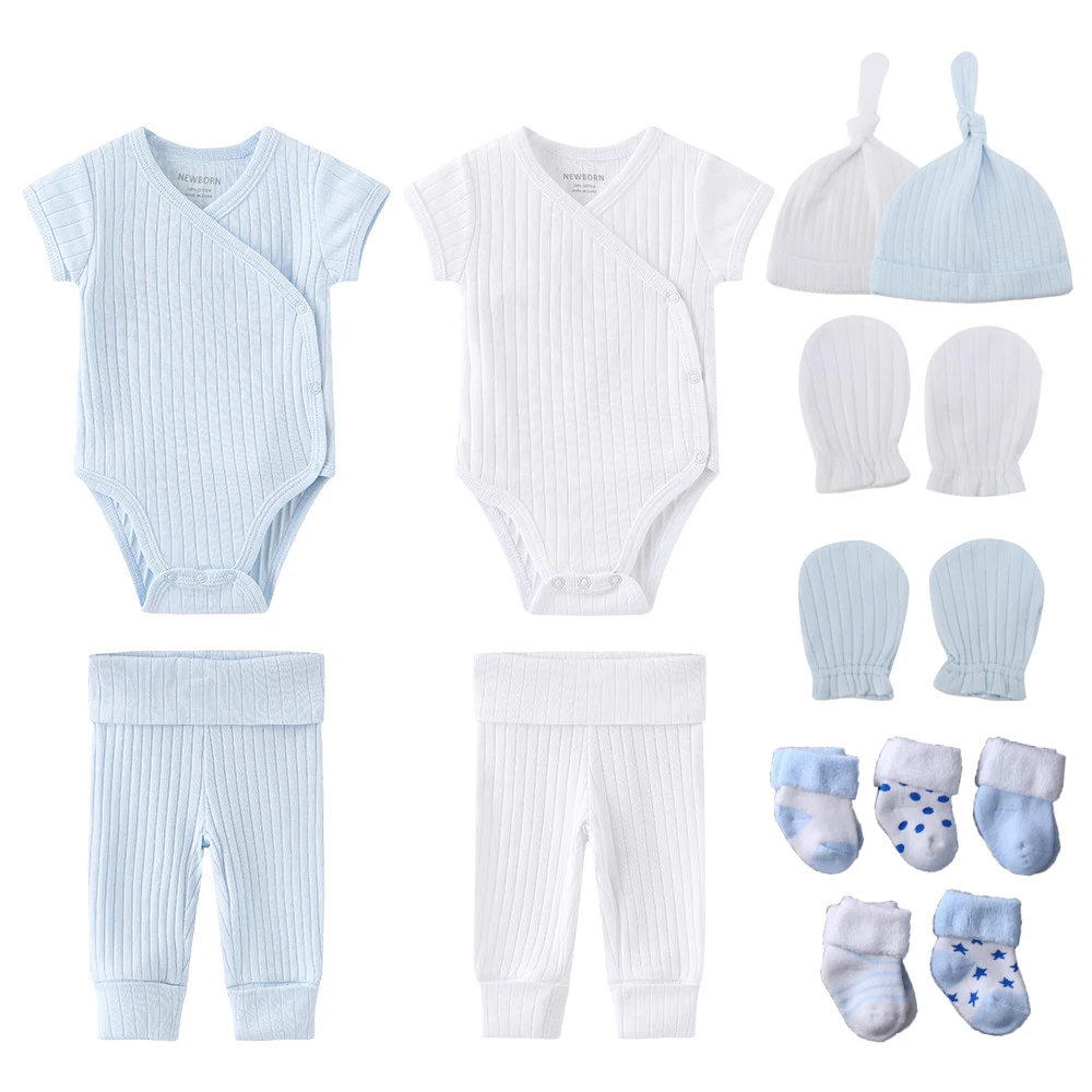 Solid Color New Born Cotton Bodysuits+Pants+Gloves+Hats+Socks Baby Girl Clothes Unisex Short Sleeve Baby Boy Clothes Sets Bebes