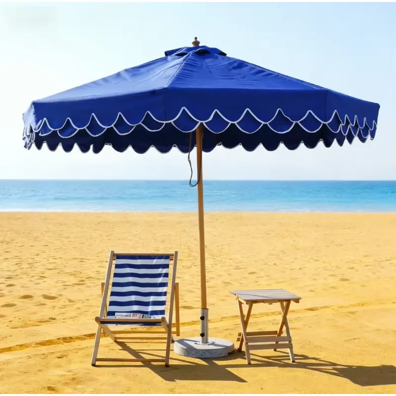 9ft Vintage Wooden Edge Patio Umbrella Custom Logo Polyester Parasol for Outdoor Garden Beach Pool Terrace Adjustable Cafe