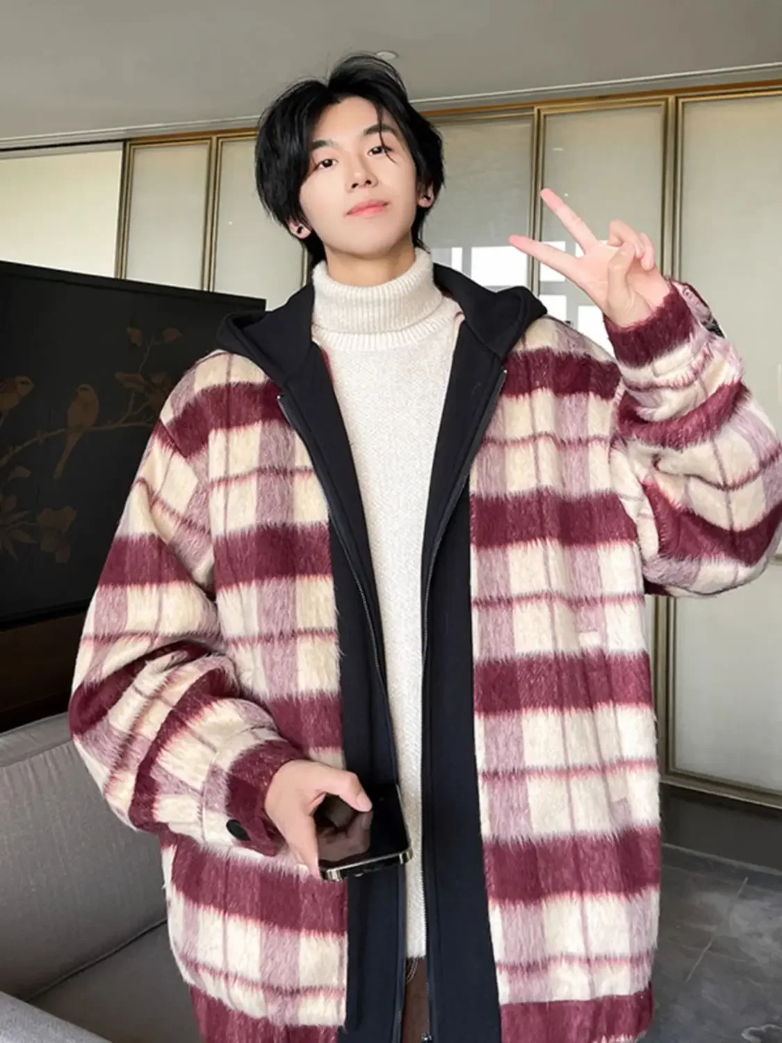 Luxury Autumn Winter Jackets Hooded Zipper Coat Fake Two Pieces Windbreaker Loose Plaid Outerwear Design Brand Men Clothes Trend