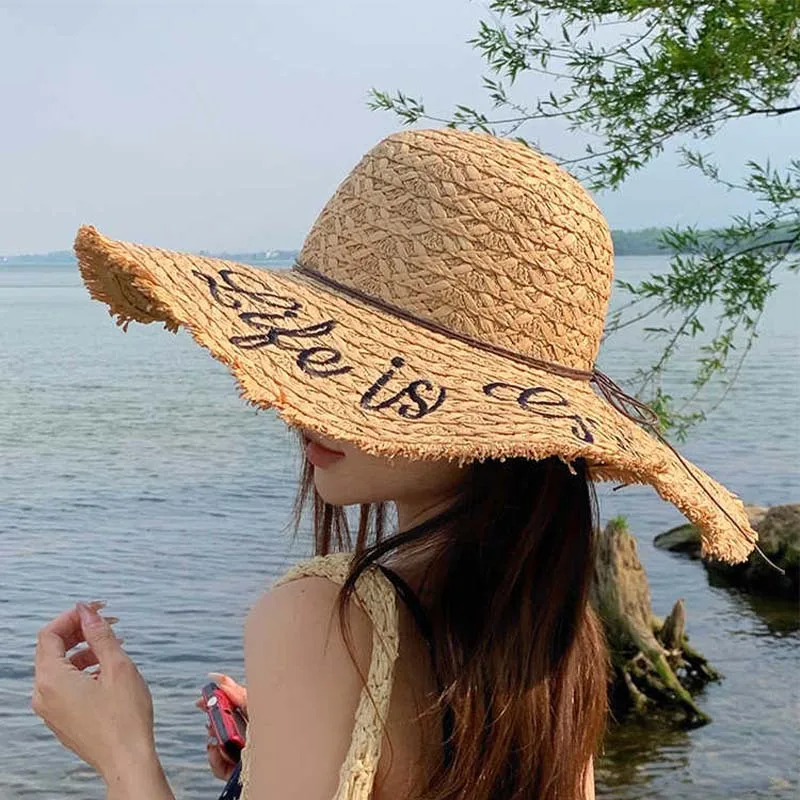 

Straw Hat Women's Embroidered Letters Oversized Brim Straw Hat Female Summer Outdoor Show Face Small Beach Sunscreen Sun Hat