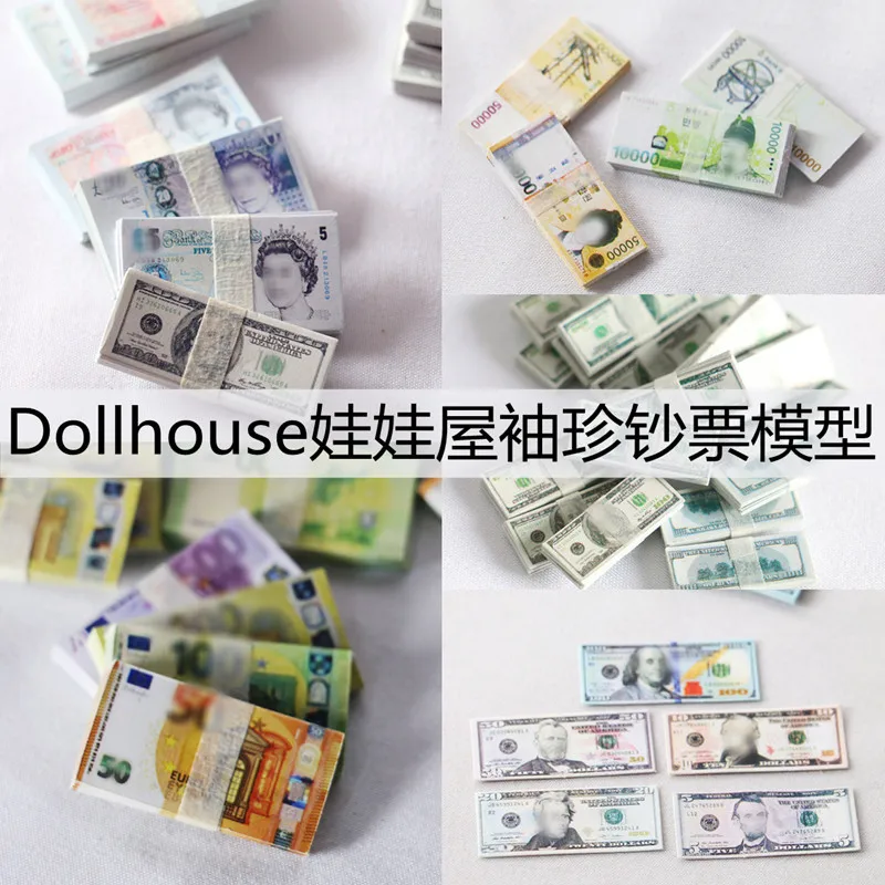 New 5/15PCS 1/12 Dollhouse Miniature Simulation Mini Dollars Euro British Pound Banknotes for Blyth Doll House Accessories