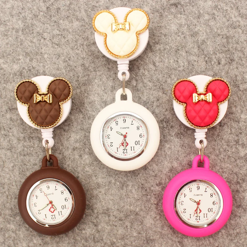 Cute Colorful Bow Bear Style Pocket Watch Retractable And With Clip For Men And Women