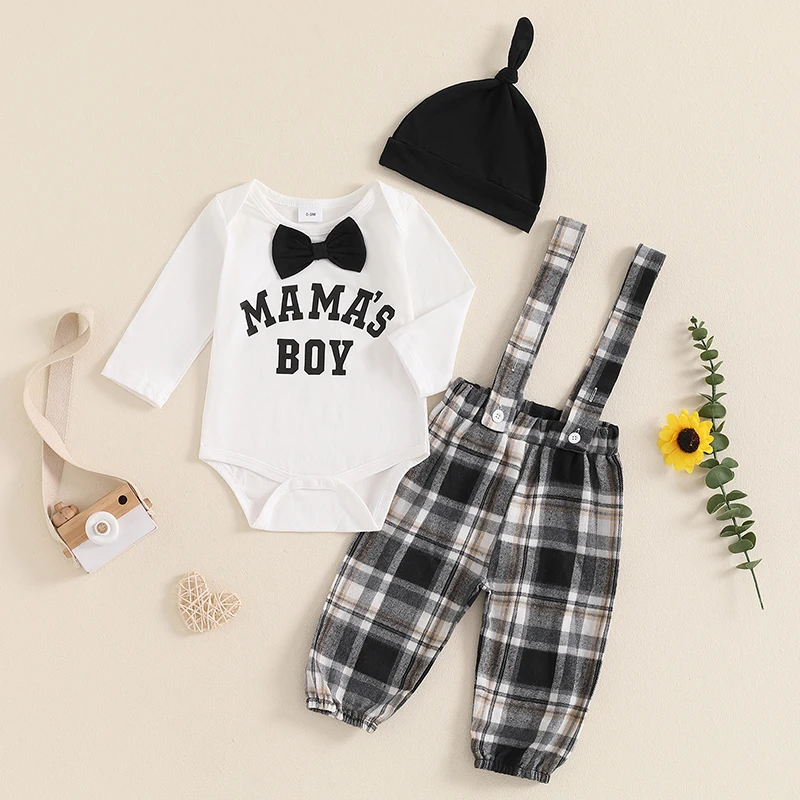 

0-18 Months Baby Boys Gentleman Outfit Long Sleeve Letter Embroidery Romper Plaid Suspender Pants Hat Sets