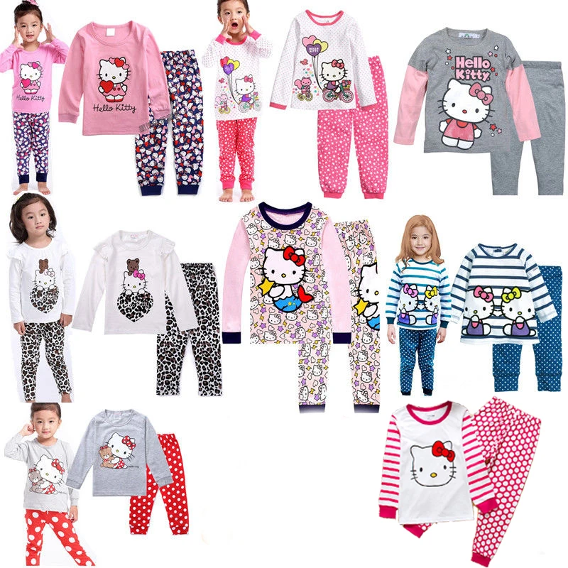 Baby Girls Pajamas Clothes Set Kids Cartoon Hello Kitty Long Sleeve Top+Pants 2pce Outfits Toddler Cotton Home Sleepwear Suits