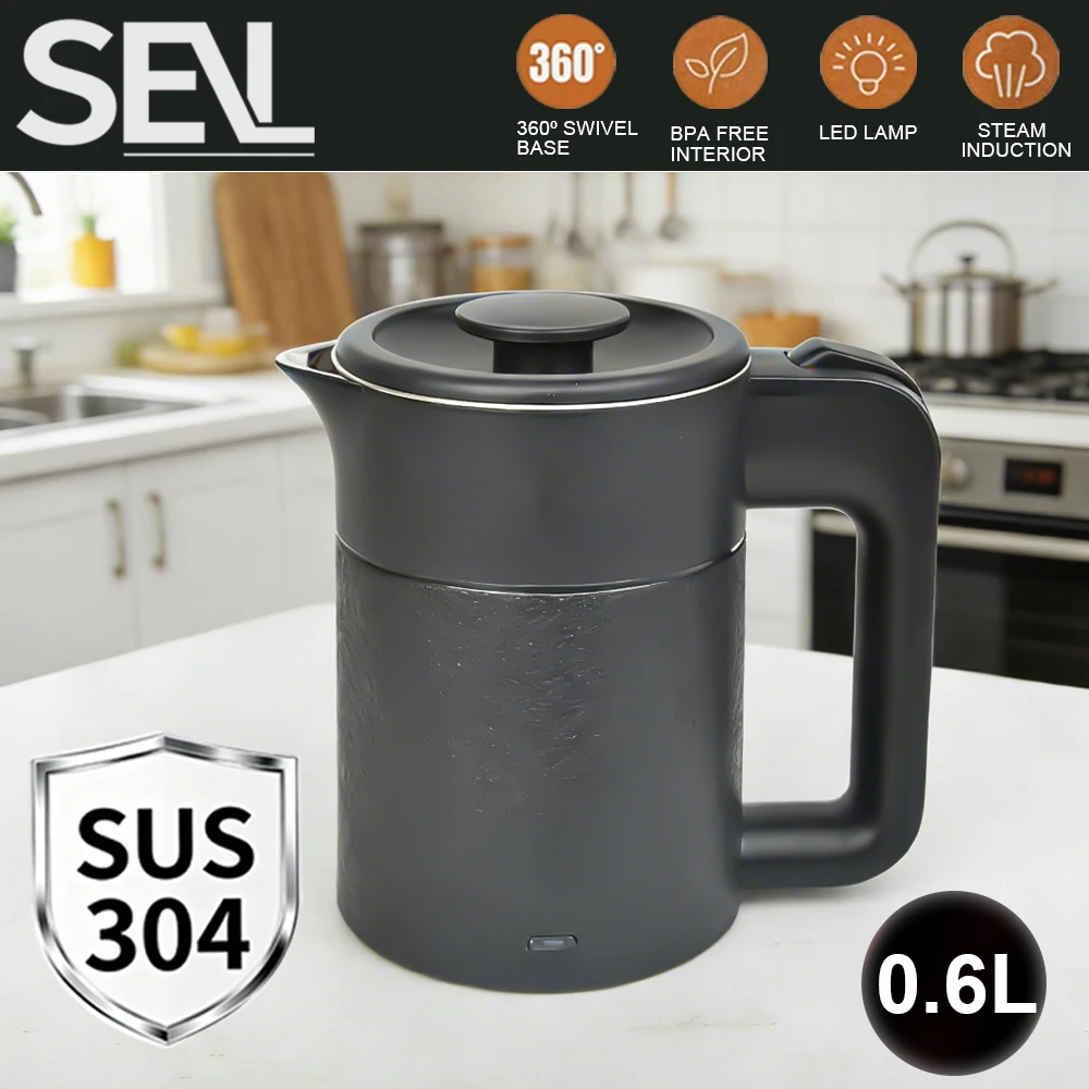 

304 Stainless Steel Electric Kettle 0.6L Seamless One-Piece Liner Fast Boiling Portable for Home & Travel