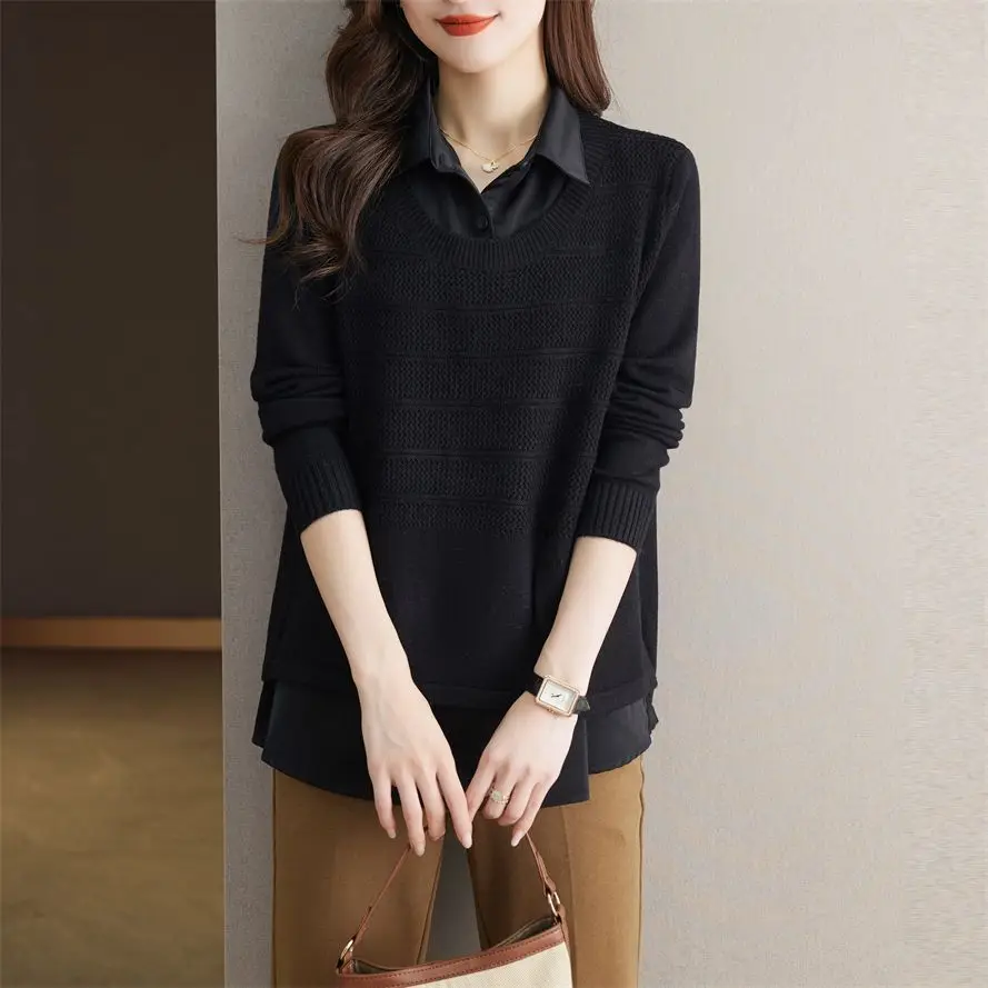 Fake Two-piece Spliced Knitted Shirt for Women 2024 Spring Autumn New Chic Casual Top Design Sense Niche Long Sleeved Shirt