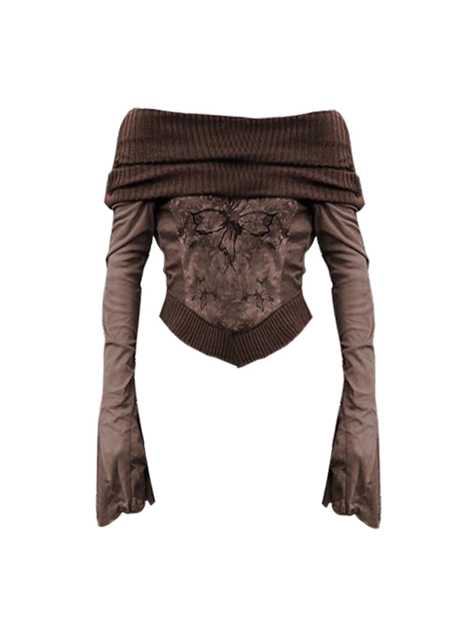 

Women Brown Y2k Gyaru T-shirt Vintage Harajuku Knitted Patchwork Tee Top Slash Neck Long Sleeve Print T-shirts Emo 2000s Clothes