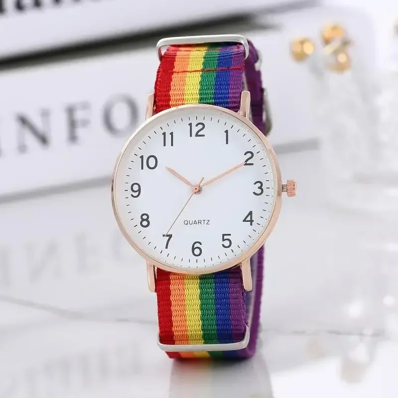 Rainbow Canvas Strap Couple Watches Rainbow Color Big Dial Digital Pointer Wristwatches Classic Quartz Casual Student Watches