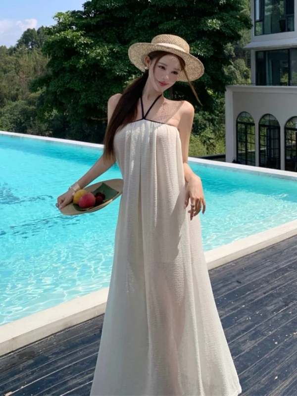 

Summer Gentle And Color Block Neck Hanging Dress Women's Hollow out Slimming Drifting Vacation Strapless Long Dress