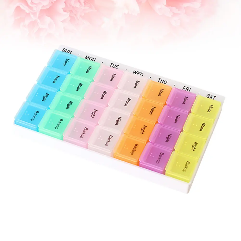 28-Compartment Weekly Pill Organizer 7-Day Medicine Storage Case with Color-Coded Backup Sections Transparent