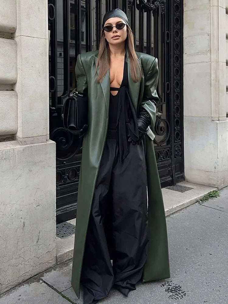 Veste Longue en Cuir Surdimensionnée pour Femme, Manteau Chic à Manches sulf, Vert Foncé, avec Poche, Streetwear