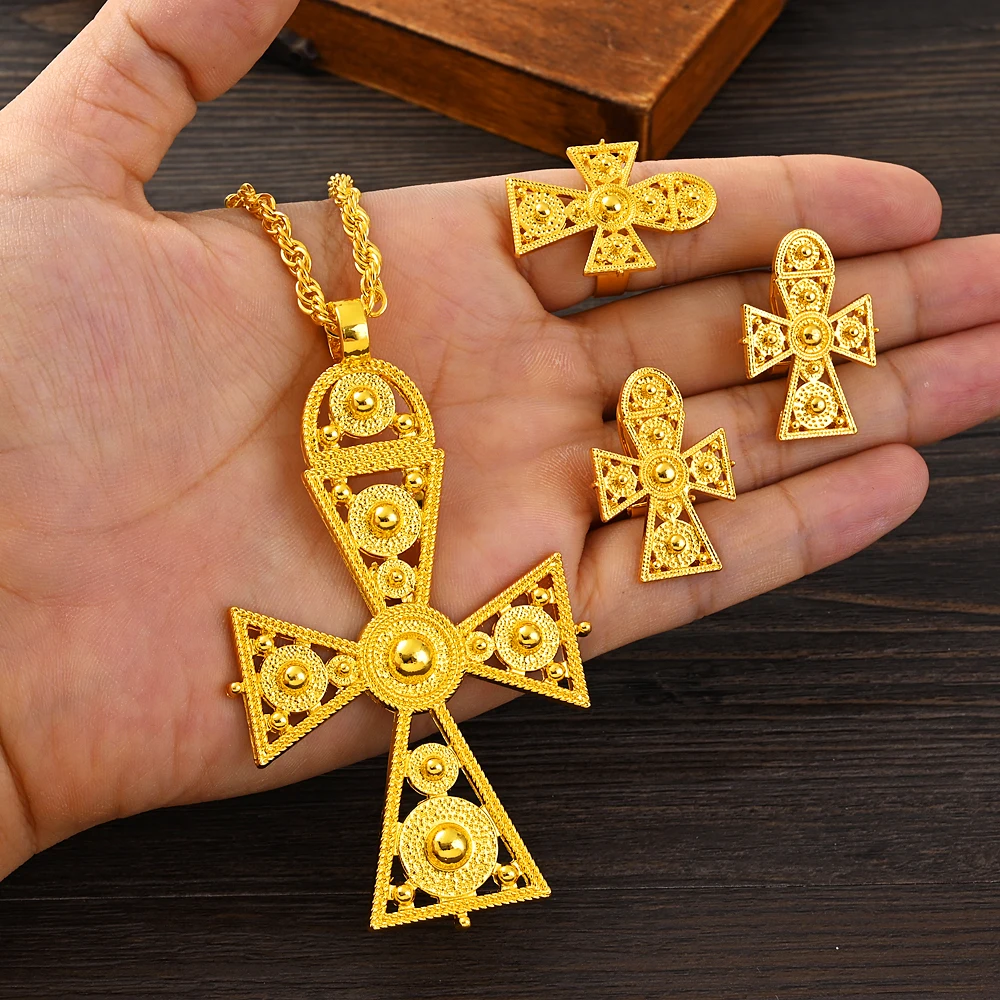 Nicely 24k Gold Color High Quality Cross Pendant Necklace Earrings Ring Set Women Vintage Arab Africa  Jewelry Sets