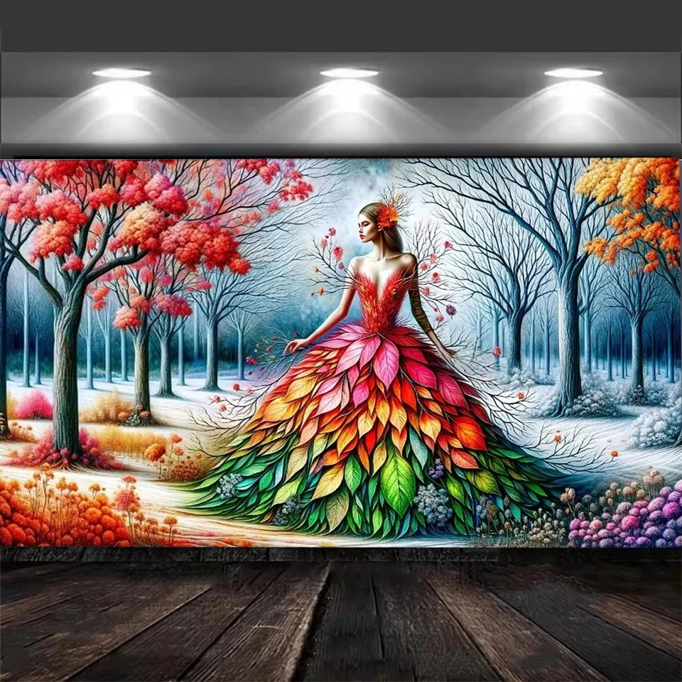 Diy Four Seasons Goddess Diamond Painting Diy Full Diamond Mosaic Surreal Multi Colored Tree Leaves Skirt Portrait Home Decor