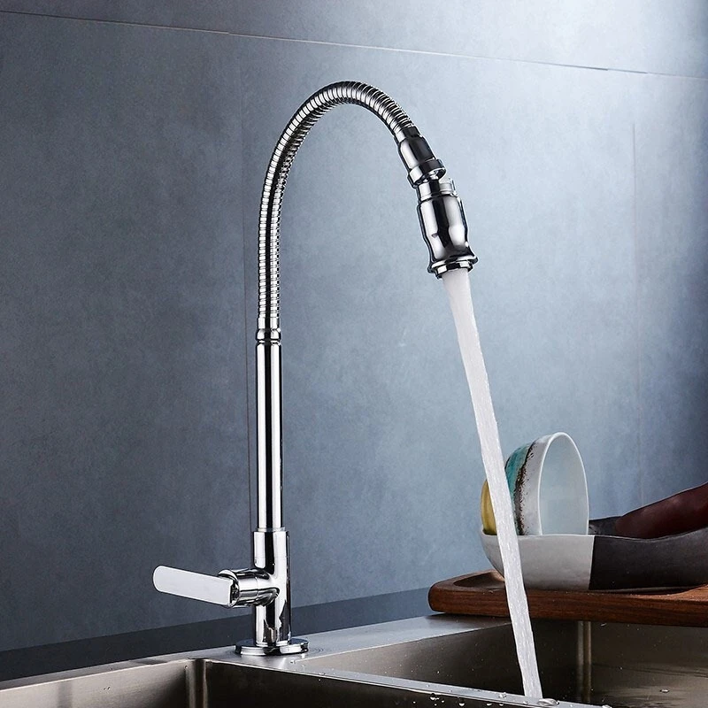 

Copper Kitchen Faucet 360° Flexible Rotatable Single Cold Water Tap Deck Mounted Chrome Single Handle Bathroom Faucet