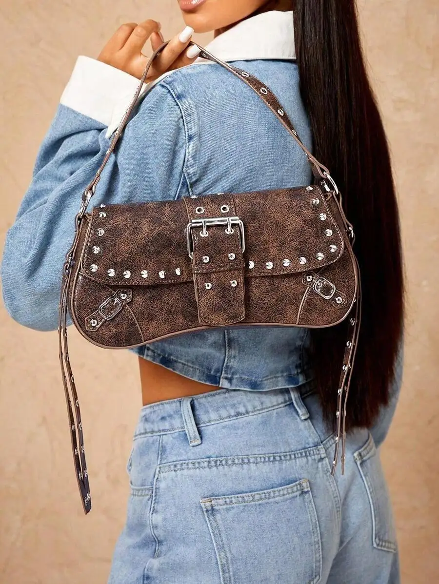 

Brown Rivet Decorated Shoulder Bag For Women Vintage Style