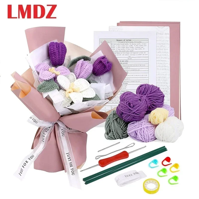 

LMDZ Bouquet of Flowers Crochet Kit for Beginners Starter Kit for Complete Beginners Adults Crocheting Knitting Kit with Introdu