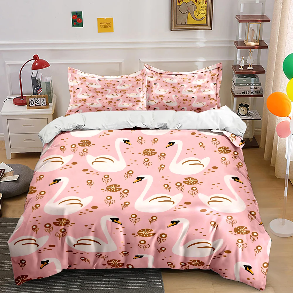 Pink background swan pattern Print Bedding Set 1 Duvet Cover 2 Pillowcases for Adult and Children Luxury Gift Full Size
