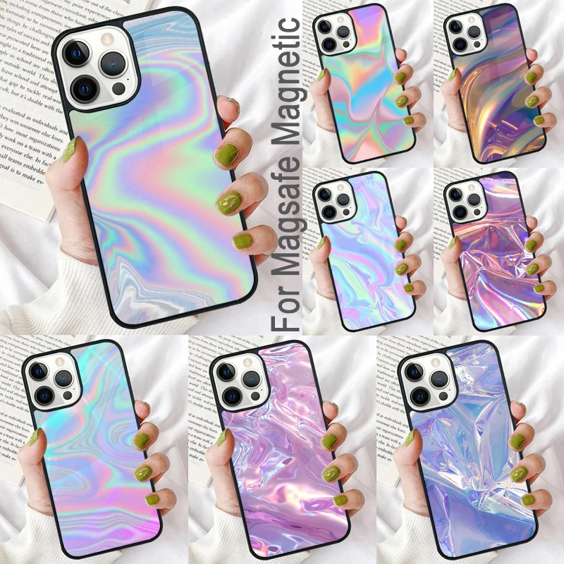 Holographic Iridescence Magnetic Soft Phone Case for iPhone 16 Promax 15 Pro 13 14 Plus 11 12 Mini MagSafe Coque