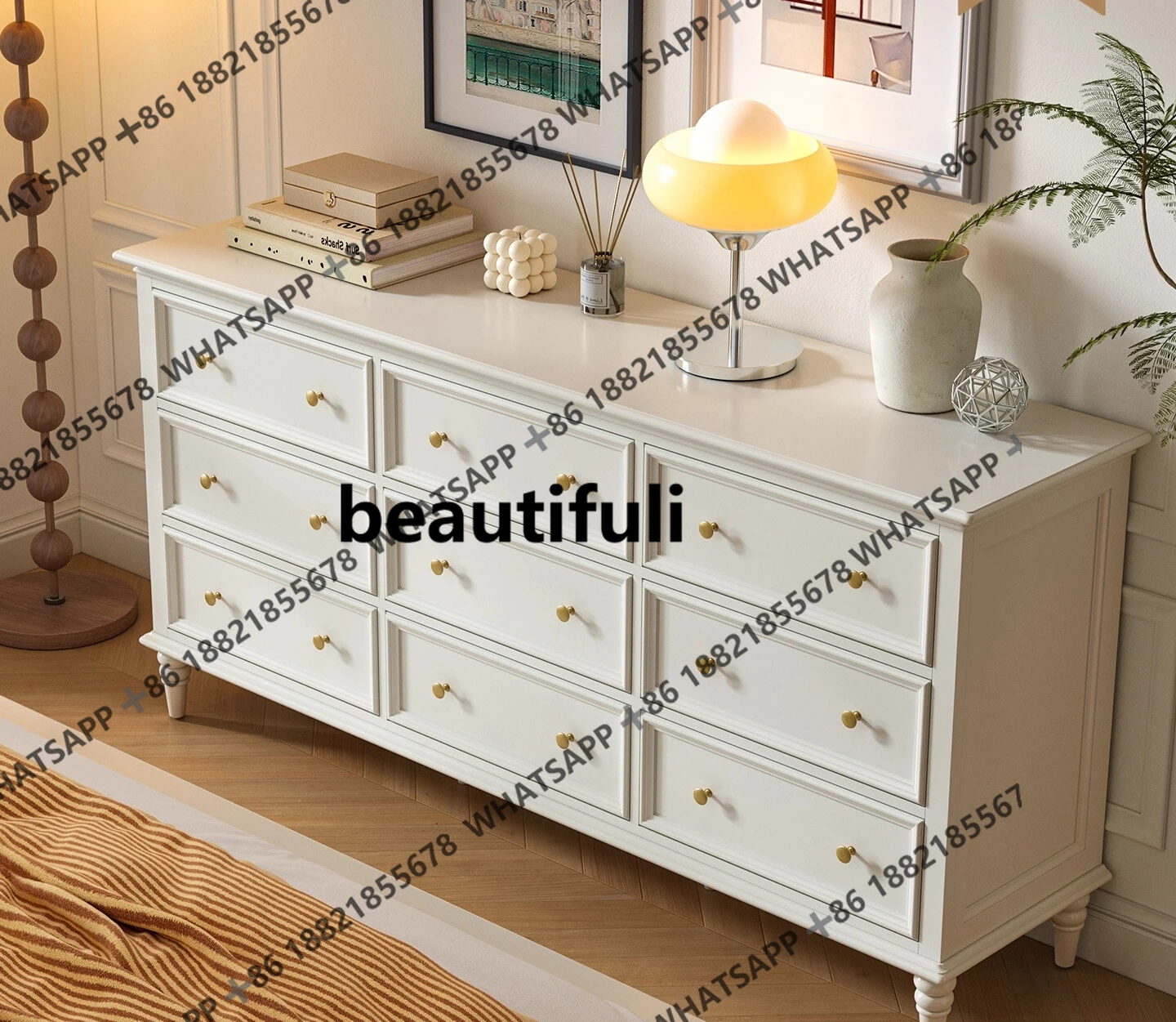 

French solid wood chest of drawers bedroom bed end white five-six drawer sideboard against the wall storage