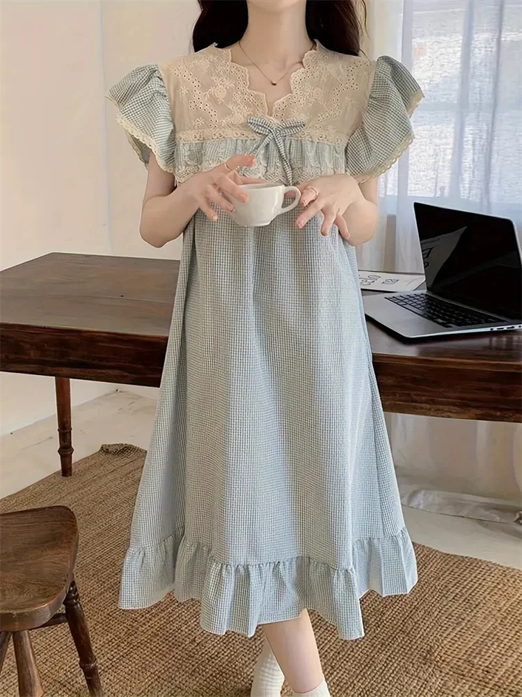 Sweet Grid Print Contrast Lace Nightgown Bow Ruffle Sleeve Loose Fit Dress Women's Sleepwear Princess Nightgown Home Clothes