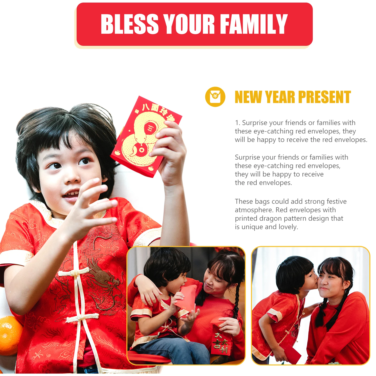 

48pcs Chinese Red Envelopes Snake Zodiac Pattern Traditional Cash Holders For Lunar New Year Wedding Birthday Coin Card Storage