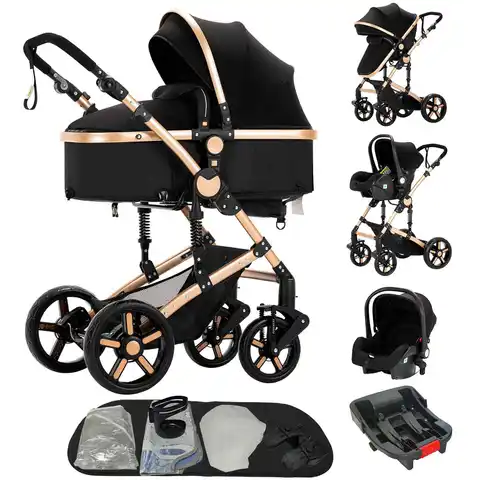 3 in 1 Baby Stroller with Car Seat ISOFIX Compatible 5-Point Harness Shock-Absorbing Wheels Newborn Stroller 0-3Y Lightweight
