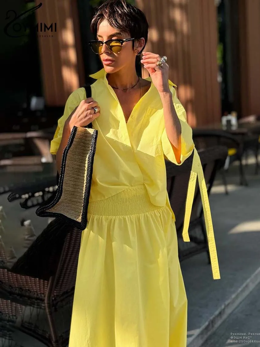 Oymimi Casual Yellow Cotton Sets Womens 2 Piece Fashion Loose Half Sleeve Shirts And High Waisted Pleated Mid-Calf Skirts Sets