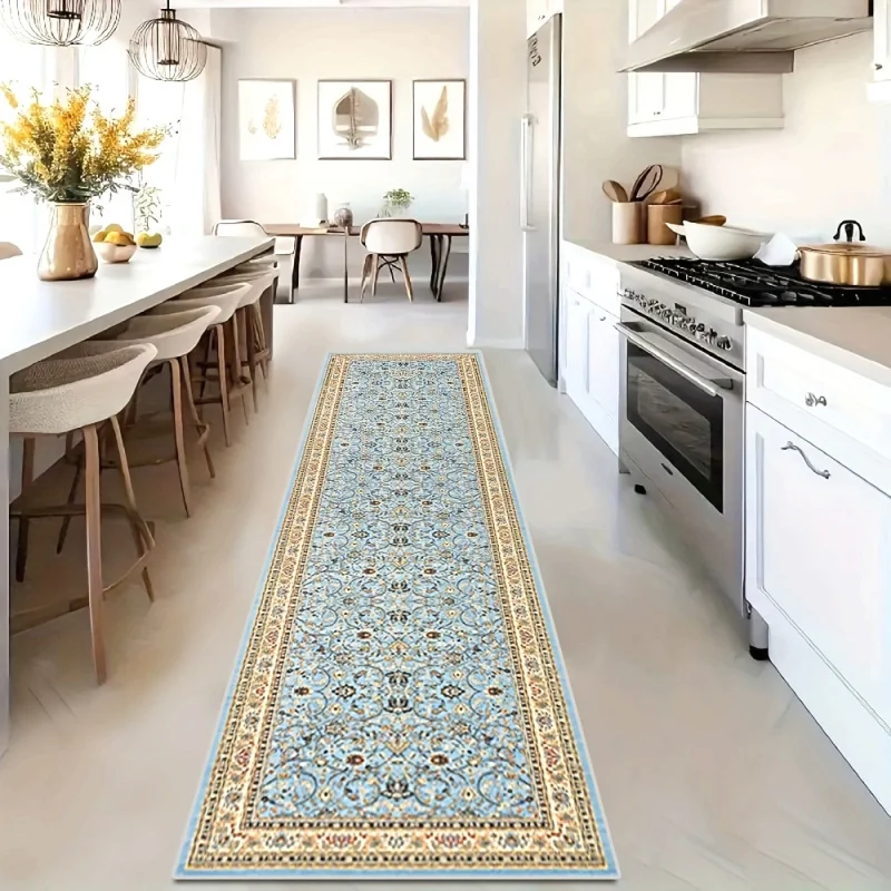 VIKAMA Vintage Floral Hallway Runner Rug Blue & Gold Oriental Pattern Non-Slip Long Rug for Kitchen & Entryway Home Decor