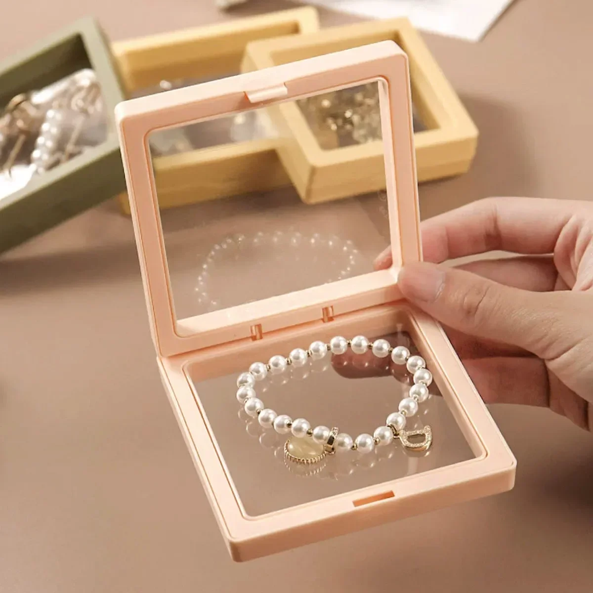 10 قطع، صندوق عرض عائم شفاف، صندوق تغليف مجوهرات من البلاستيك، مجوهرات، قلادة، خاتم، وصندوق تخزين قابل للجمع