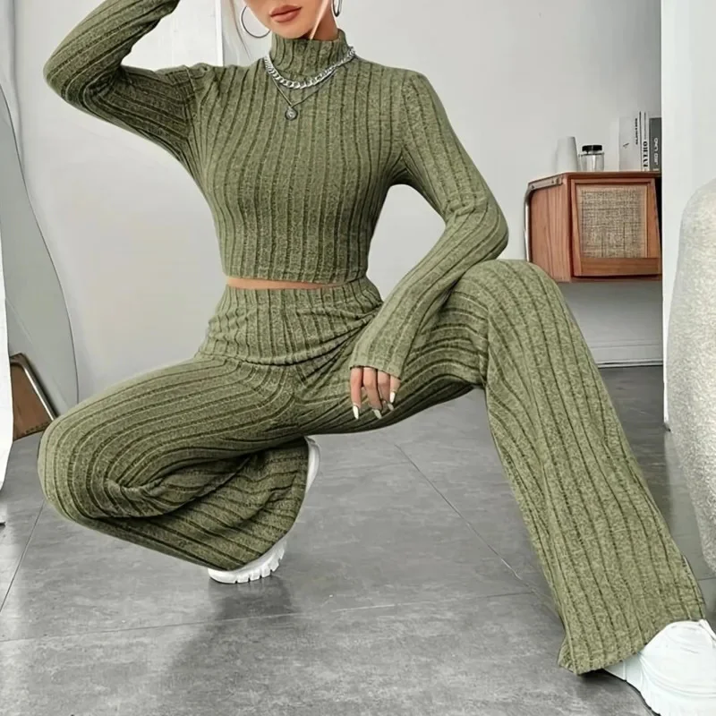 Elegent Knit Pullover Trouser 2 Pcs Set Women Slim Half High Collar Full Sleeve Top Solid Pant Suit 2025 New Lady Sport Outfits