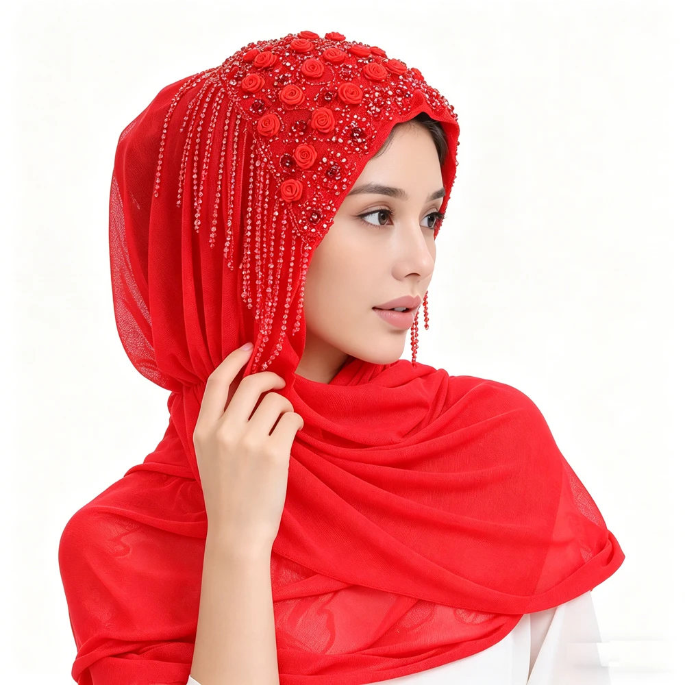 

Ethnic Long Tassel Scarf Women Beading Amira Turban Hat Breathable Head Wrap Cover Bohemia Shawl Bandana Headscarf Turbante New