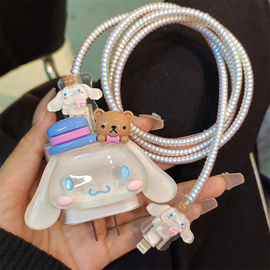 

Kawaii Cinnamoroll USB Cable Protector For IPhone 12 13 18-20W Fast Charge Protection Charger Cover Cute Data Line Spiral Winder