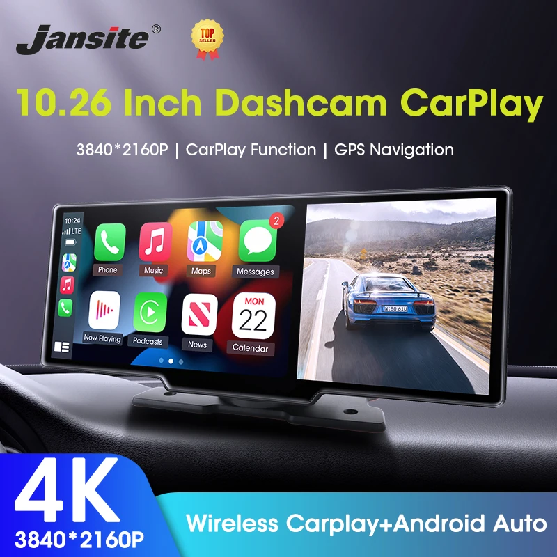 

Jansite 4K Car DVR 10.26" Wireless Carplay & Android Auto Dashcam GPS Navigation with Voice Control Car DVR BT FM Monitor