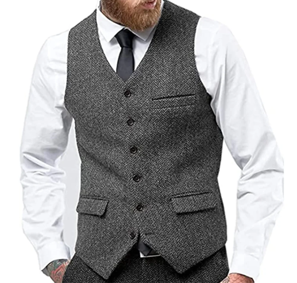 

Grey Burgundy Herringbone V-Neck Vest With 6 Buttons Men'S Wedding Clothing Dinner Party Wear Waistcoat Tailored Costume Homme