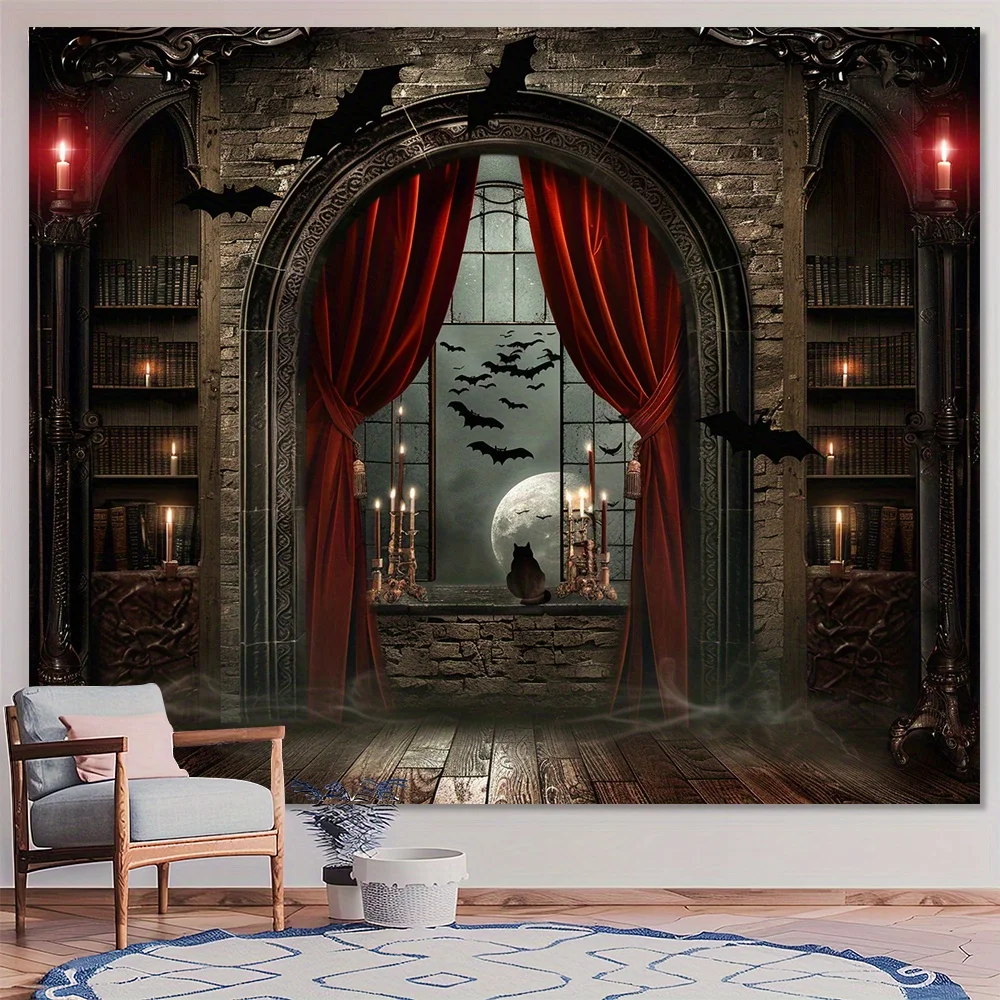 Magic Broom and Vampire Castle Background - Multi functional Polyester Photography Background for Halloween, Parties, and Events