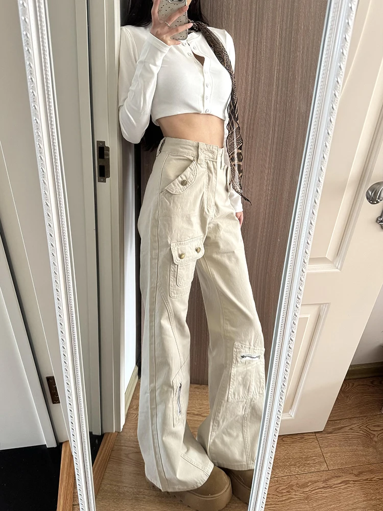 

American Sle High Waist Wide Leg Jeans Women Summer New Design Multi ket Workwear Casual Loose Fit No Stretch Jeans