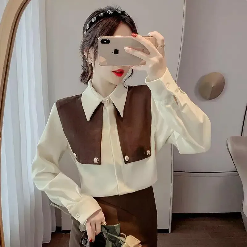 

Color Blocking Button Up Woman Top Elegant and Youthful Korea Stylish New Collection 2025 Social Tall Shirts & Blouses for Women