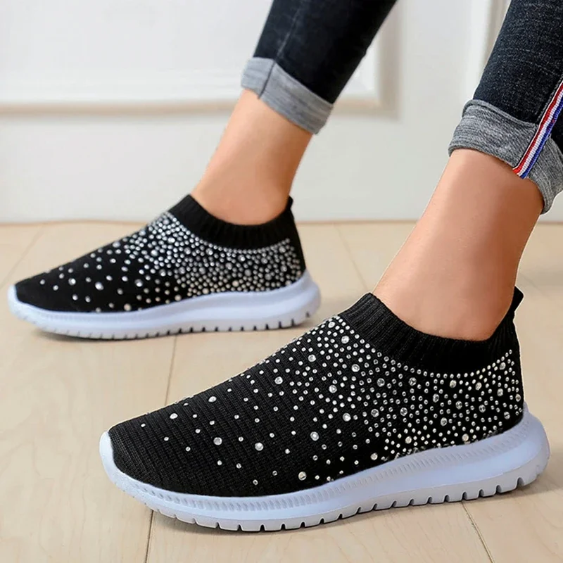 

Crystal Breathable Mesh Women Sneakers Casual Comfortable Soft Bottom Flats Shoe Plus Size 43 Non Slip Vulcanize Shoes for Woman