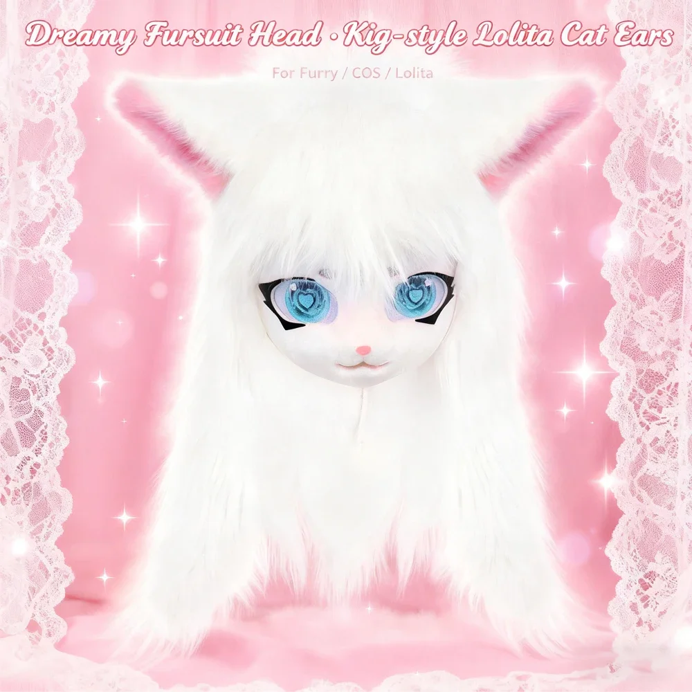 

Premium Kigurumi Furry Animal Head Mask Complete Set - Adorable Lolita Style Cat Ear Plush Wearable Cosplay Costume