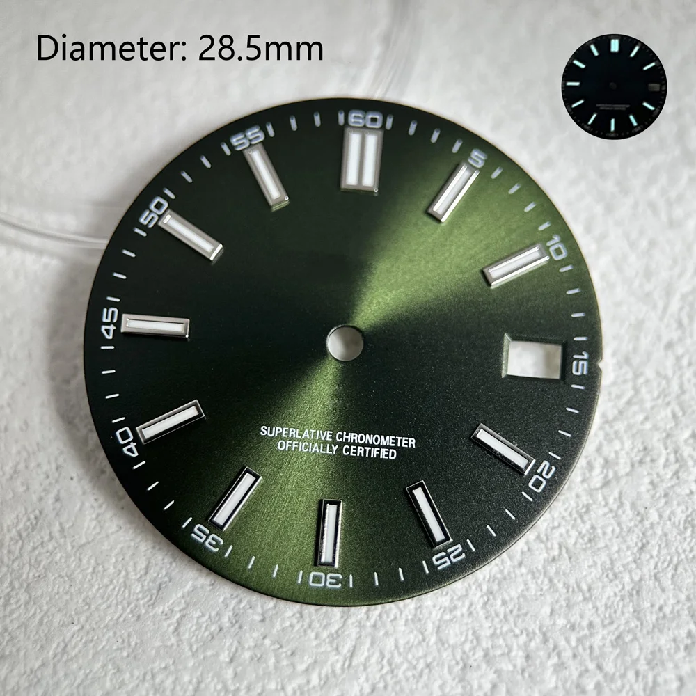 28.5mm NH35 다이얼 브라운 그레이 블루 그린 빛나는 선버스트 다이얼 NH35 자동 무브먼트 시계 액세서리 로고를 사용자 정의 할 수 있습니다