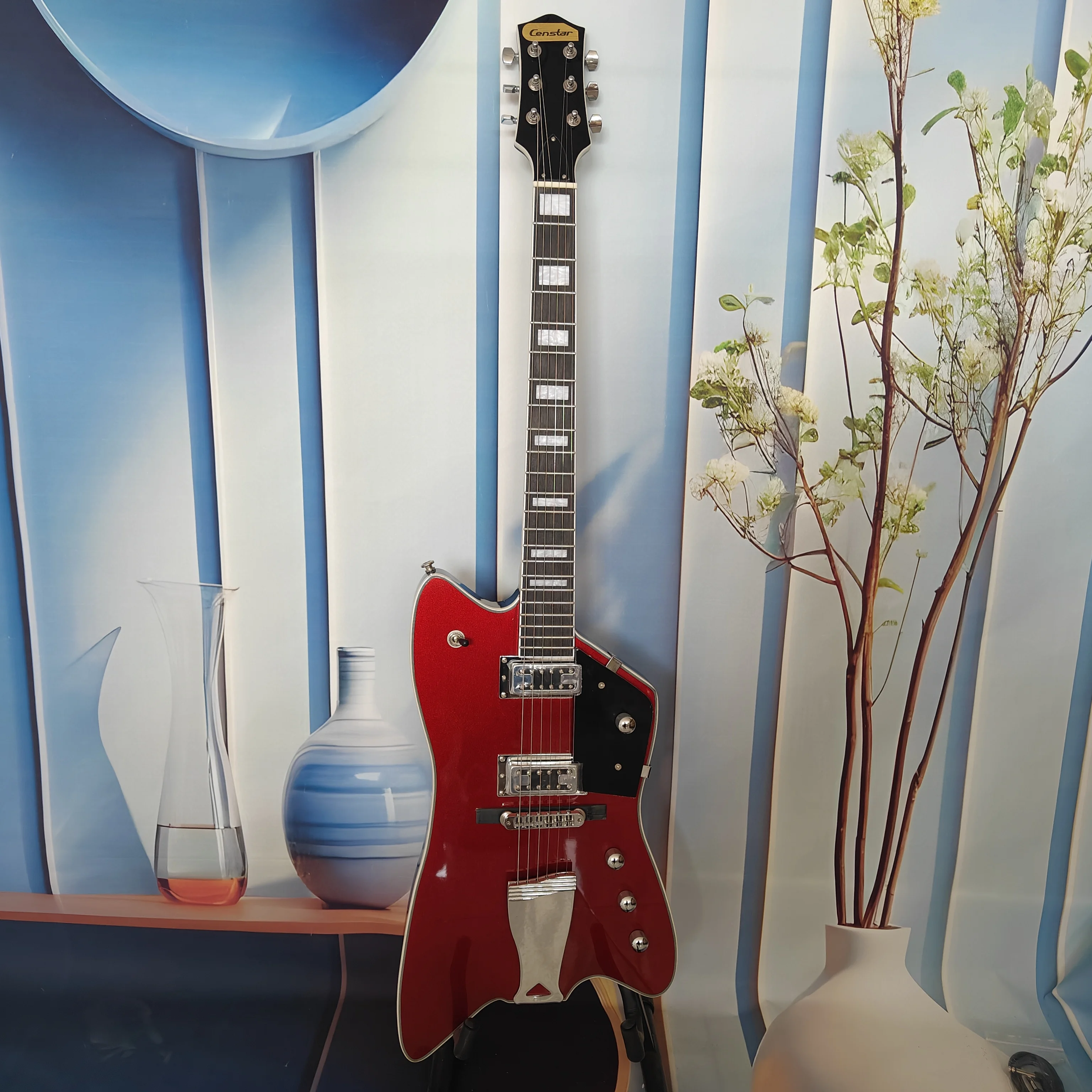 A high-quality acoustic-electric guitar with solid wood body, black pickguard, high-quality pickups, stainless steel frets, 22